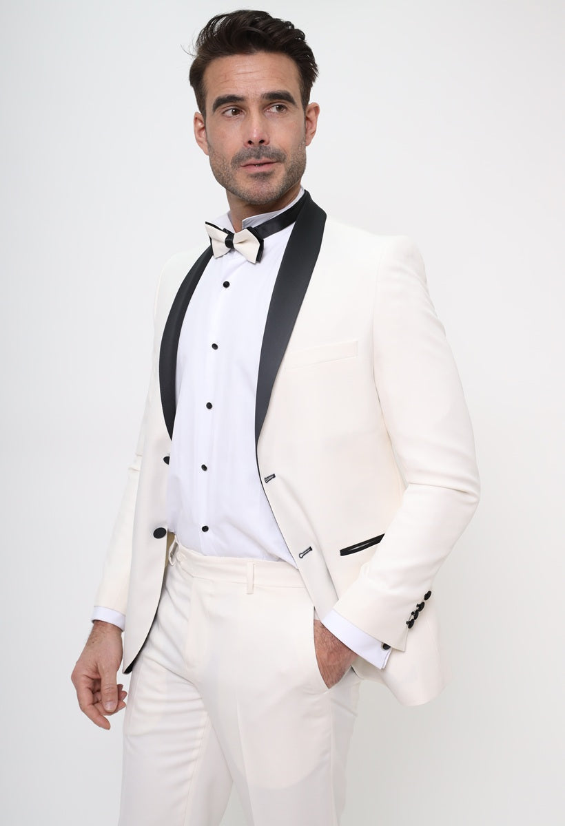 Cream Fashion Suit with Contrasting Lapel Design Prom Suit