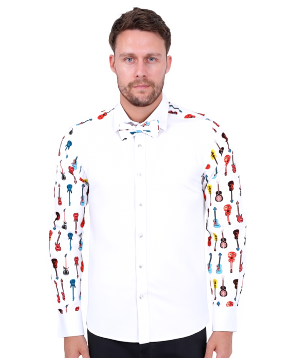 Guitar Print Tuxedo Shirt Plain Front Panel