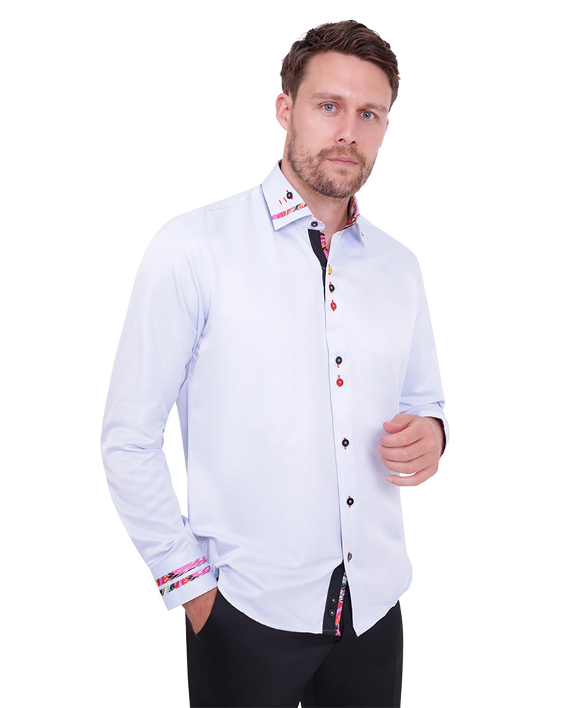 Mens blue shirt shop with white collar