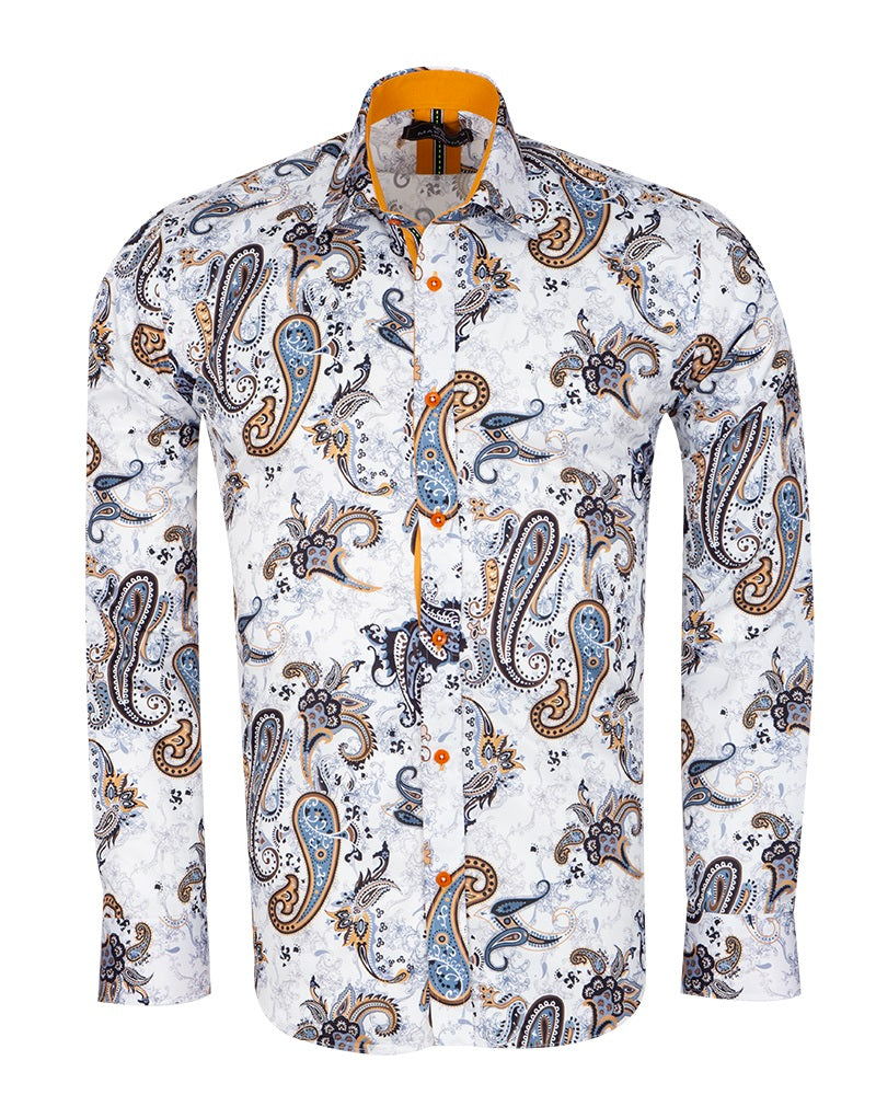 Paisley Print Yellow Detail on Collar Long Sleeve Shirt