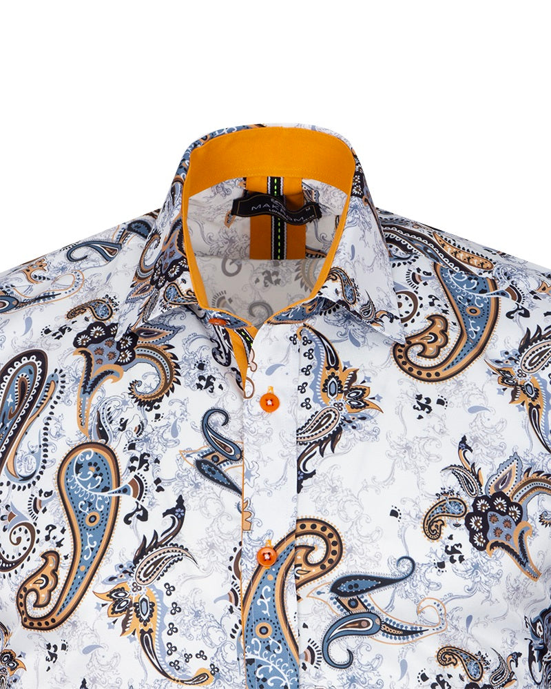 Paisley Print Yellow Detail on Collar Long Sleeve Shirt