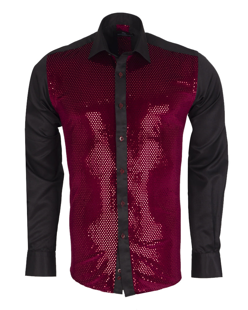 Burgundy Sequin Fashion Shirt with Plain Collar Tip Design