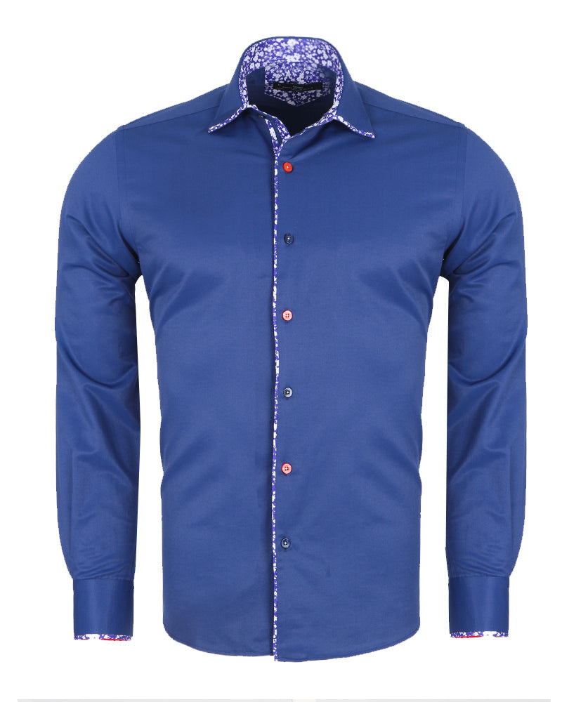 Dark Blue Fashion Shirt with Floral Collar Tip Design