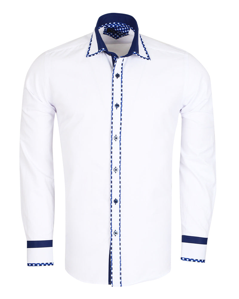 White Fashion Shirt with Stripe & Tartan Collar Tip Design