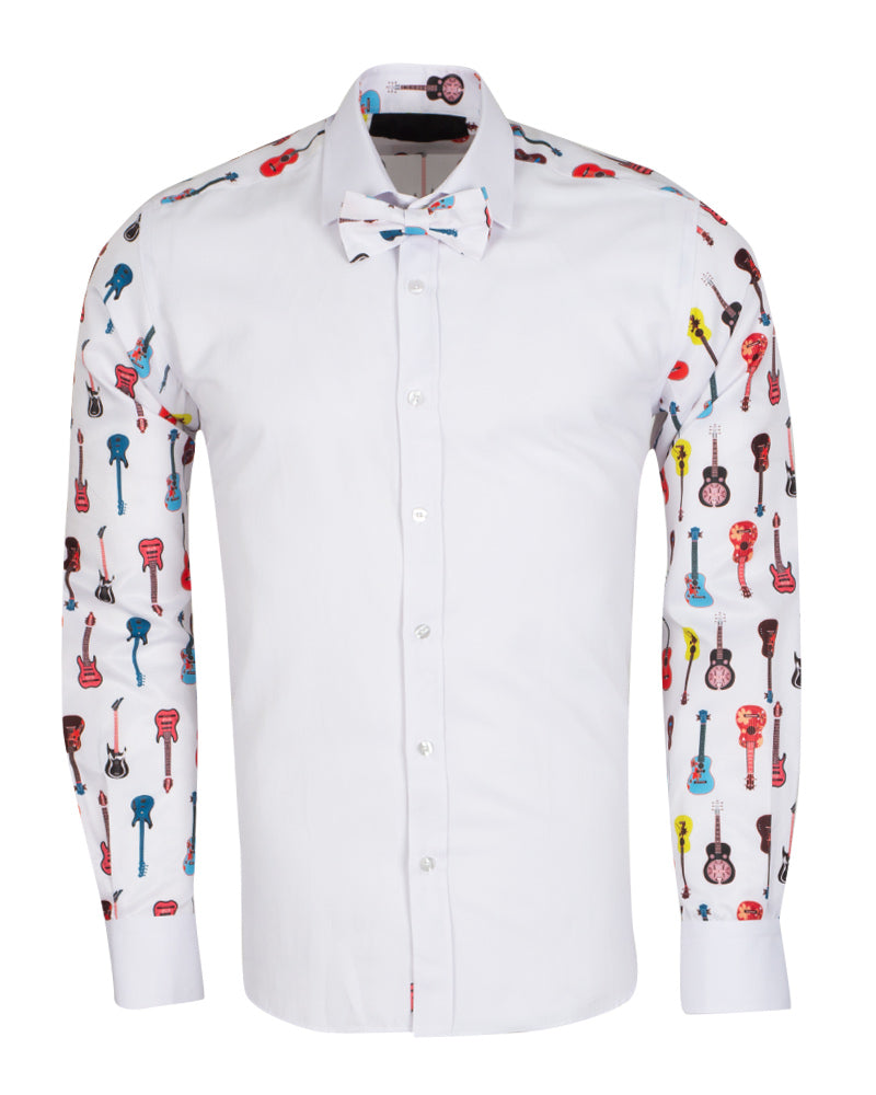 Guitar Print Tuxedo Shirt Plain Front Panel