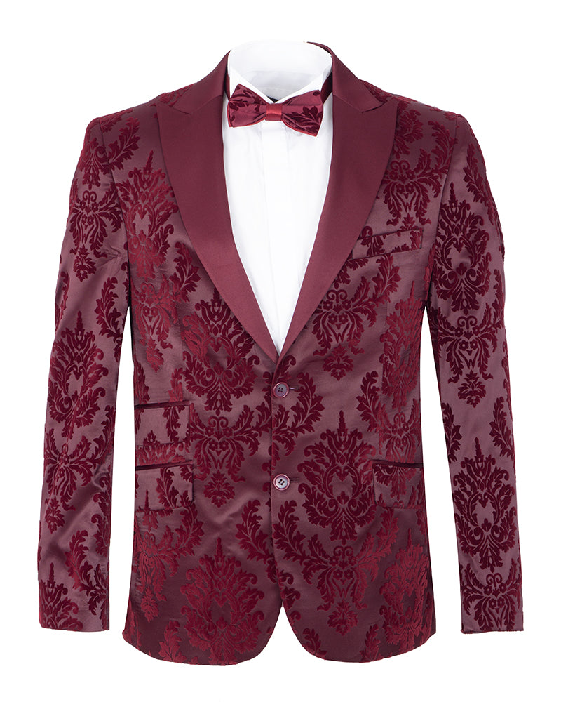 Burgundy Floral Flock Design Blazer with Contrasting Lapel & Matching Bow Tie