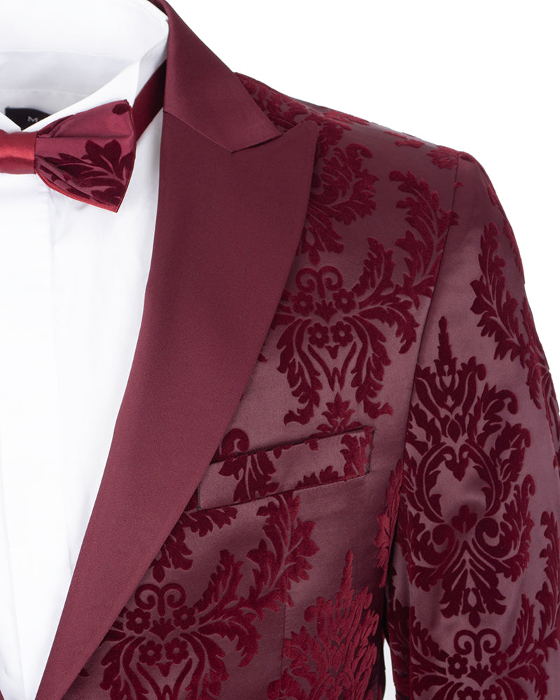 Burgundy Floral Flock Design Blazer with Contrasting Lapel & Matching Bow Tie