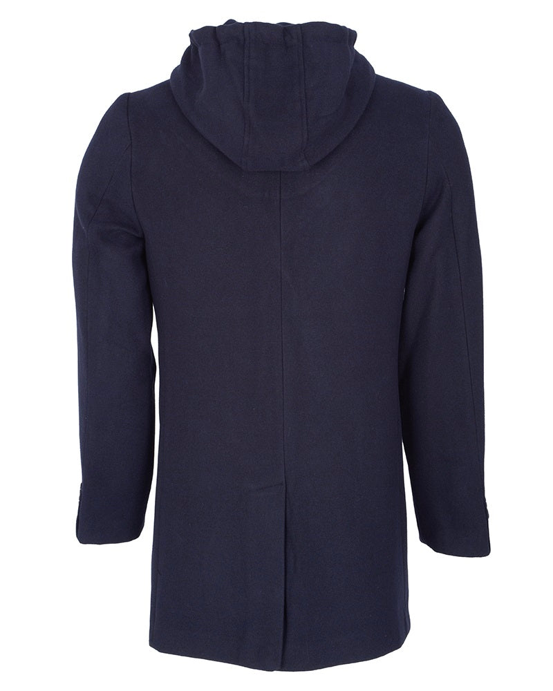 Dark Blue Wool Blend Warm Overcoat With Detachable Hood