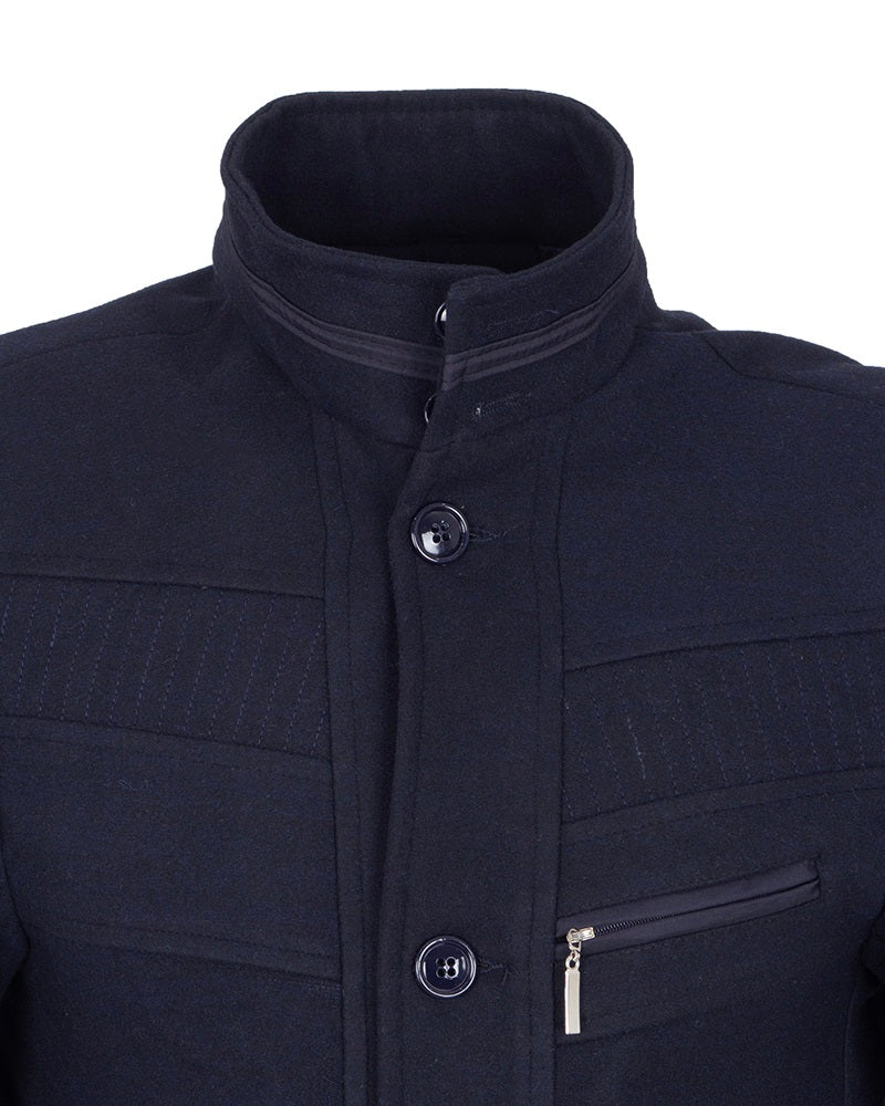 Dark Blue Funnel Neck Wool Blend Warm Overcoat