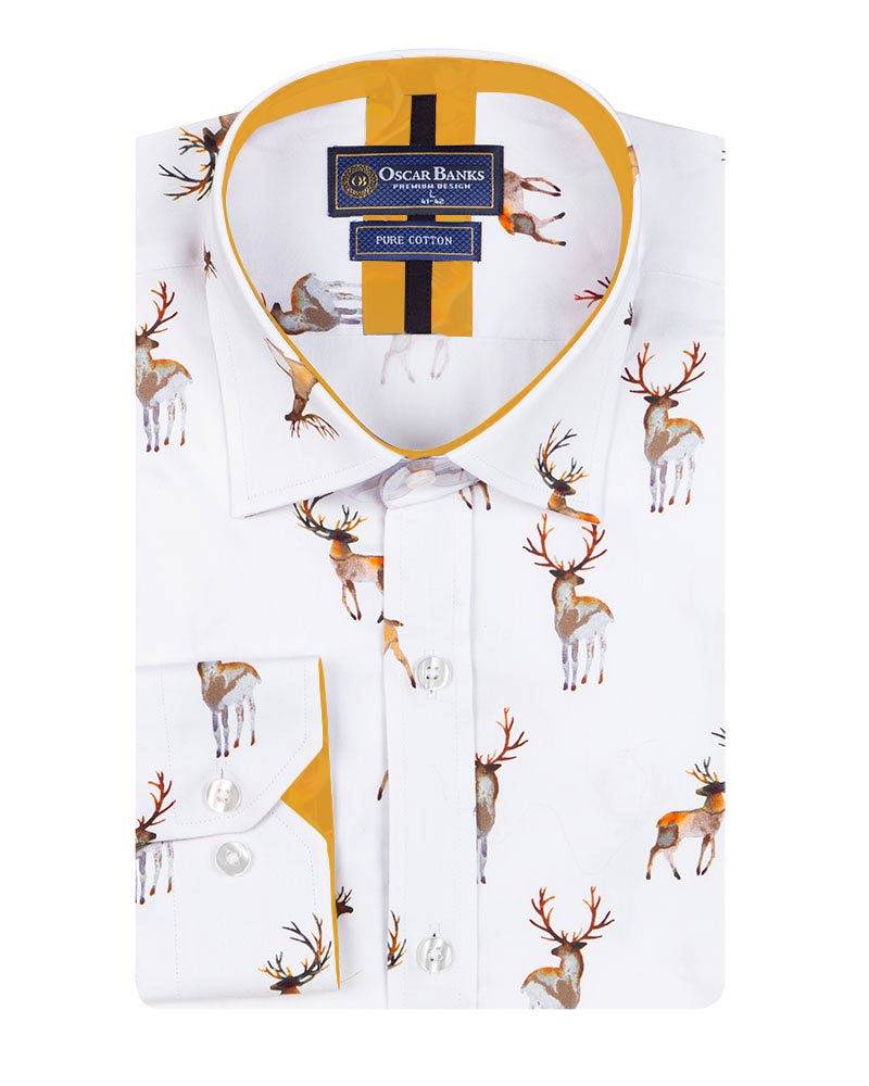 White Deer Print Men's Christmas Shirt with Matching Handkerchief