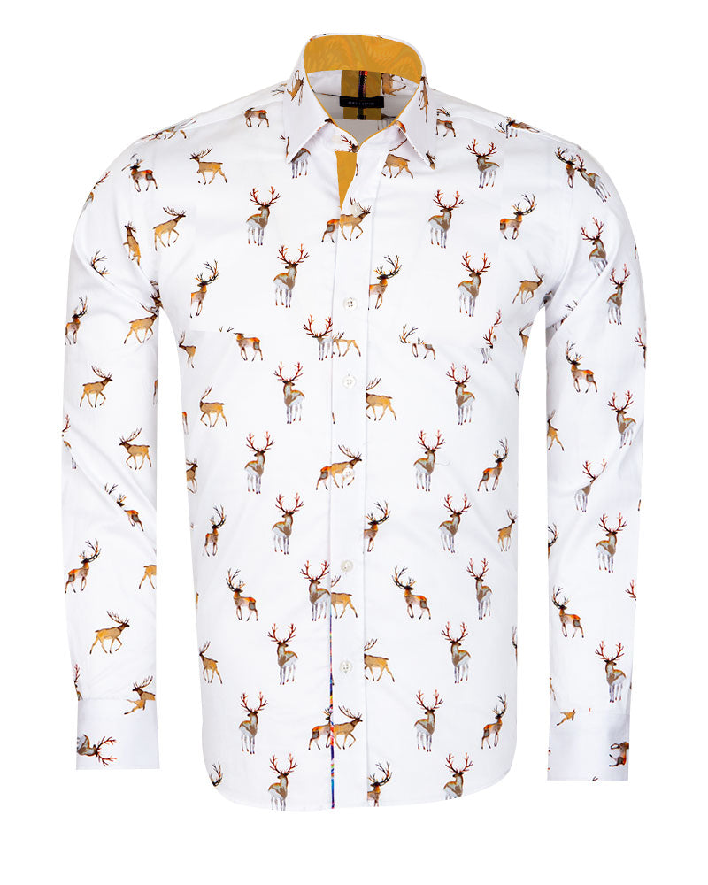 White Deer Print Men's Christmas Shirt with Matching Handkerchief