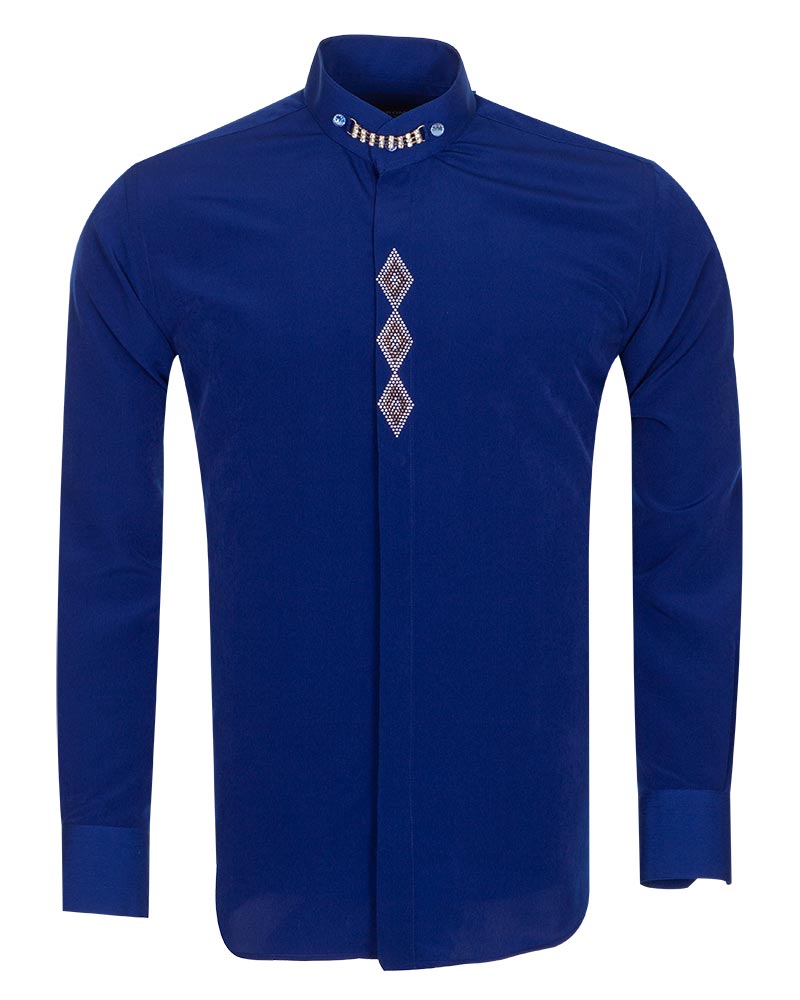 Royal Blue Grandad Collar Chain shirt with Diamantes