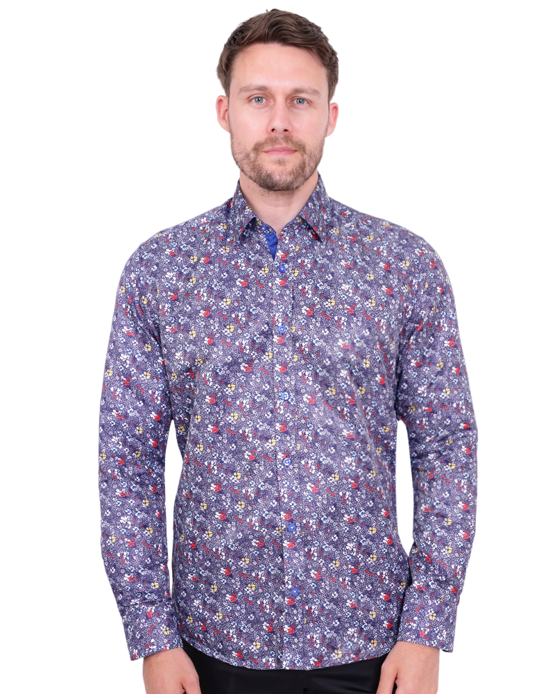 Dark Blue Colourful Floral Print Shirt