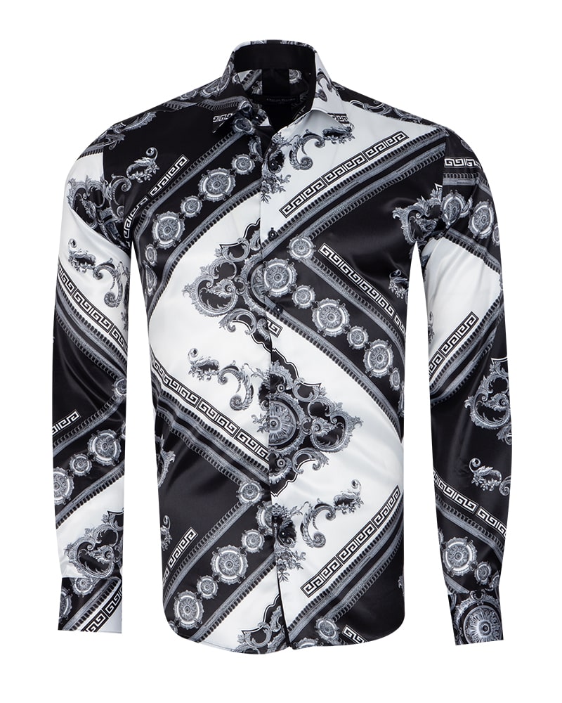 Black Baroque Ornament Satin Men`s Shirt