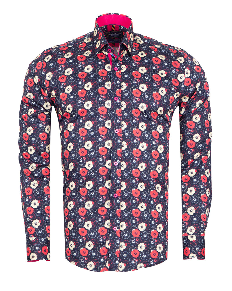 Dark Blue Poppy Print Shirt with Matching Handkerchief