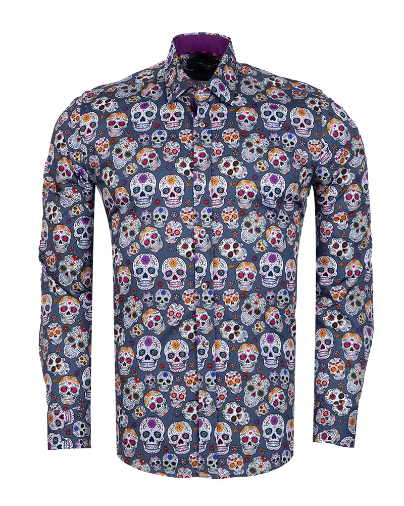 Blue Skull Print Shirt with Matching Handkerchief