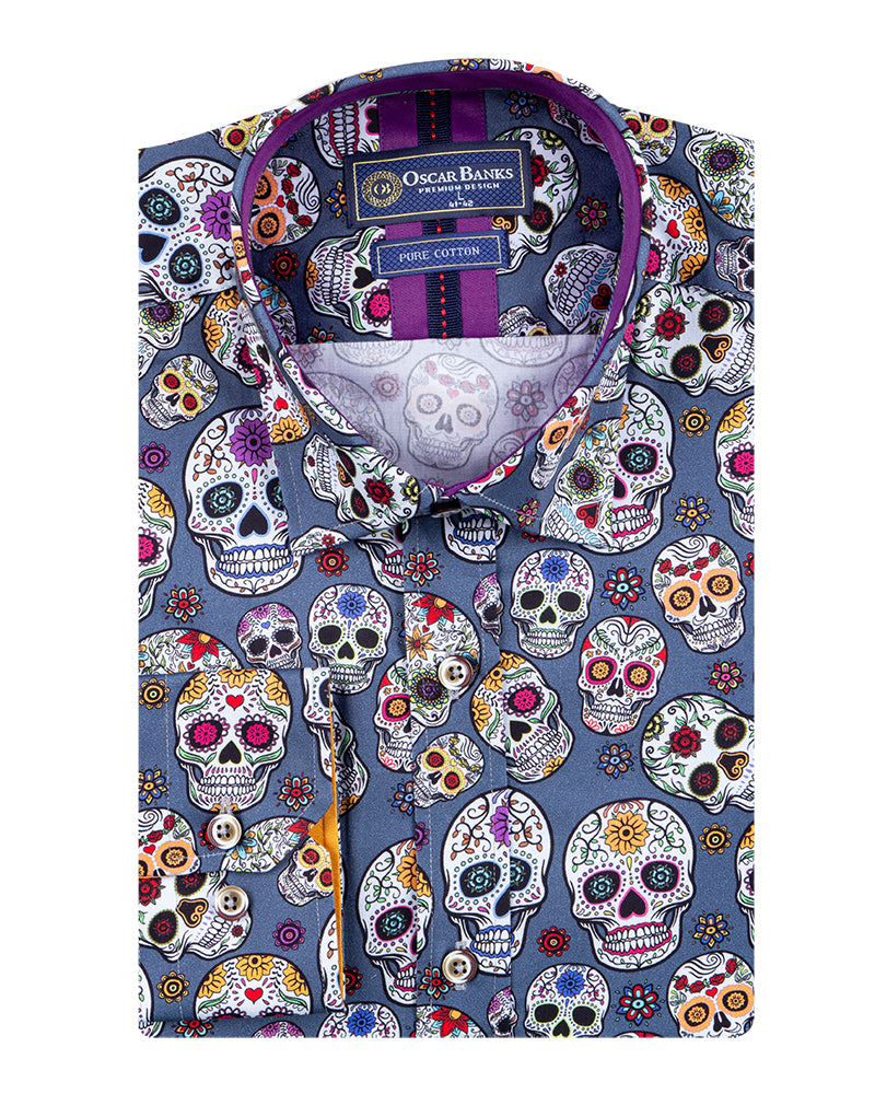 Blue Skull Print Shirt with Matching Handkerchief