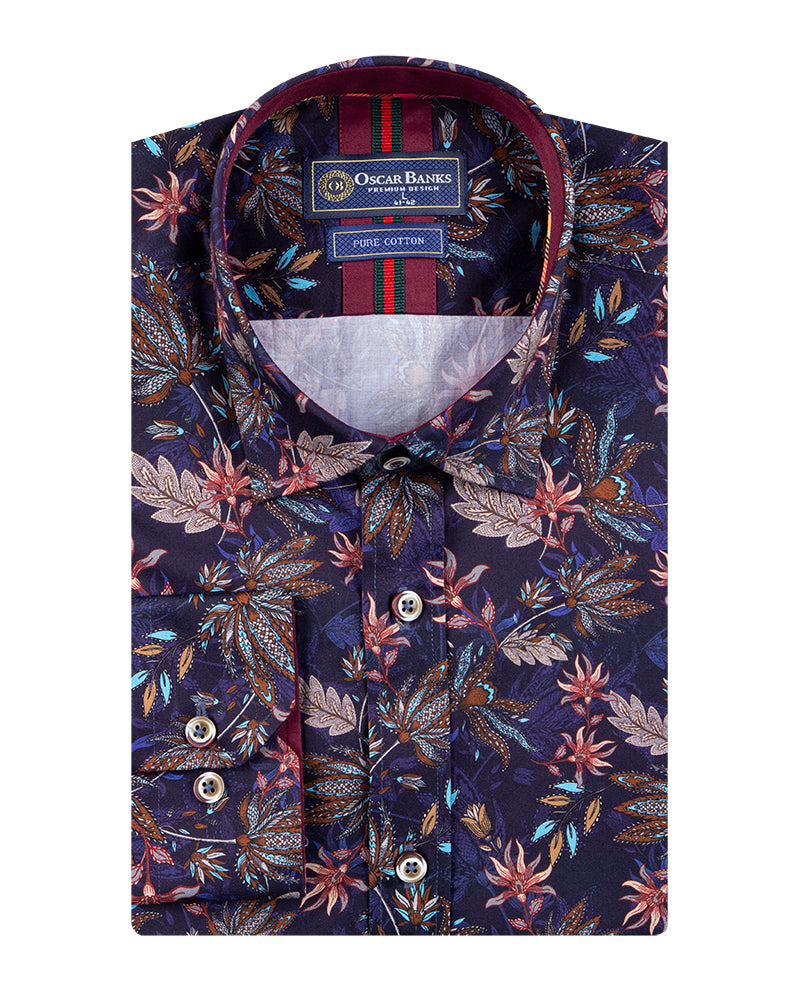 Dark Blue Leaf Print Men's Shirt with Matching Handkerchief