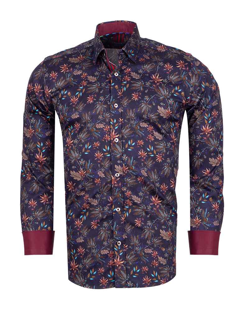 Dark Blue Leaf Print Men's Shirt with Matching Handkerchief