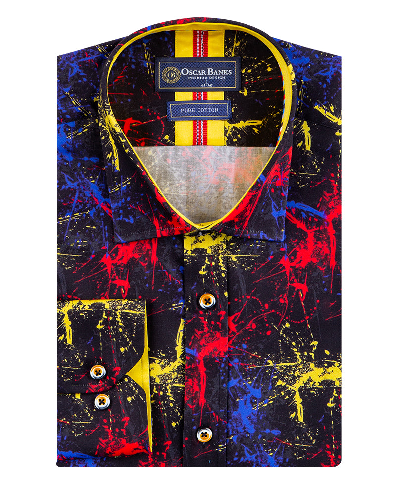 Black Paint Splatter Print Men's Shirt with Matching Handkerchief