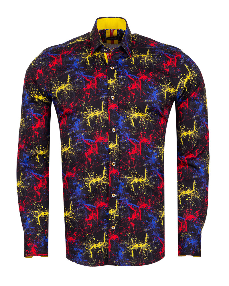 Black Paint Splatter Print Men's Shirt with Matching Handkerchief