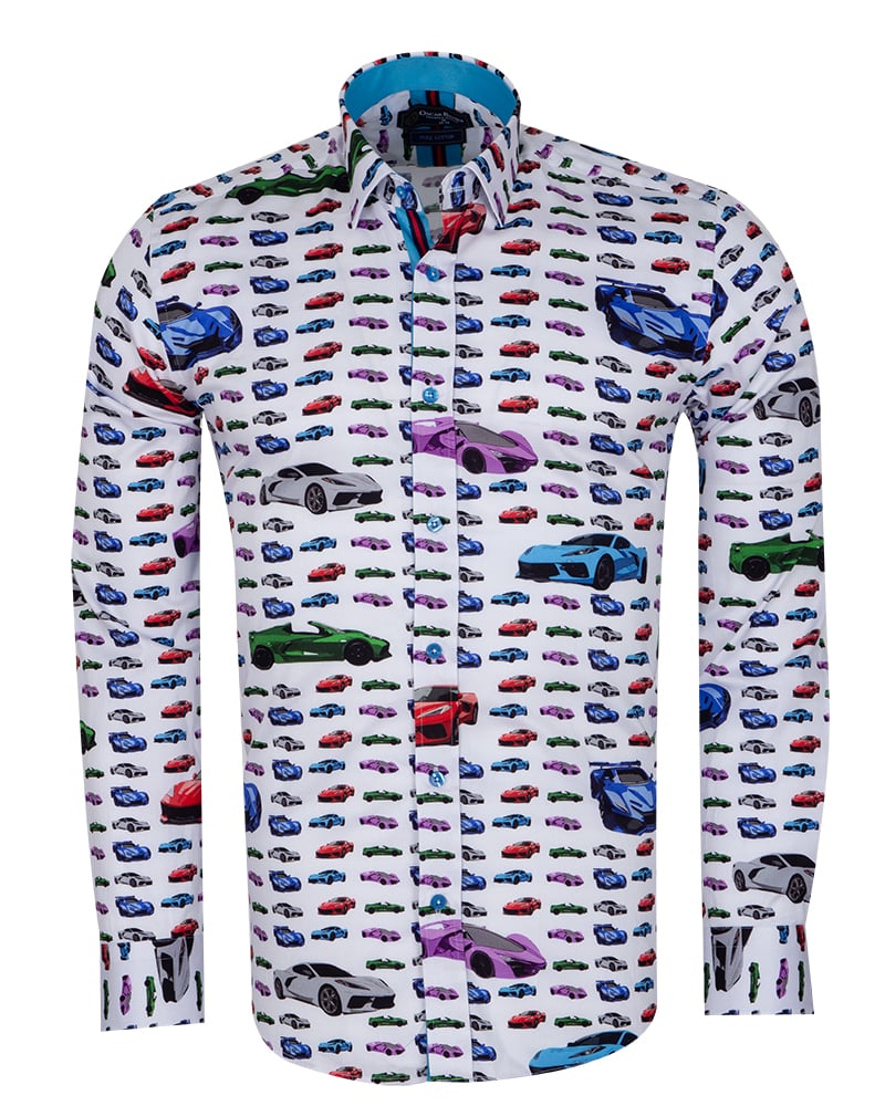 White Car Print Men's Shirt with Matching Handkerchief