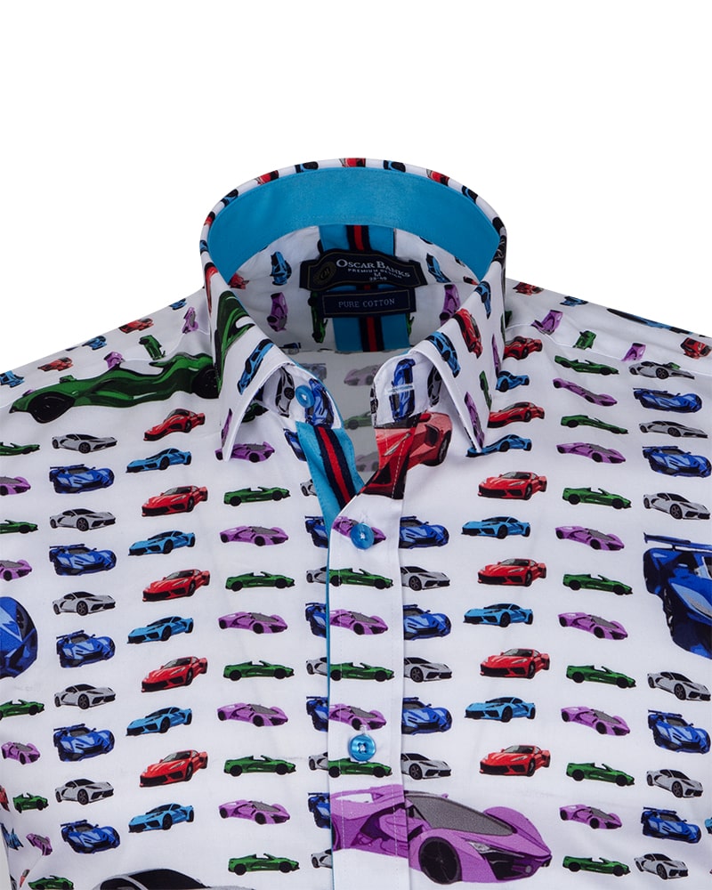 White Car Print Men's Shirt with Matching Handkerchief