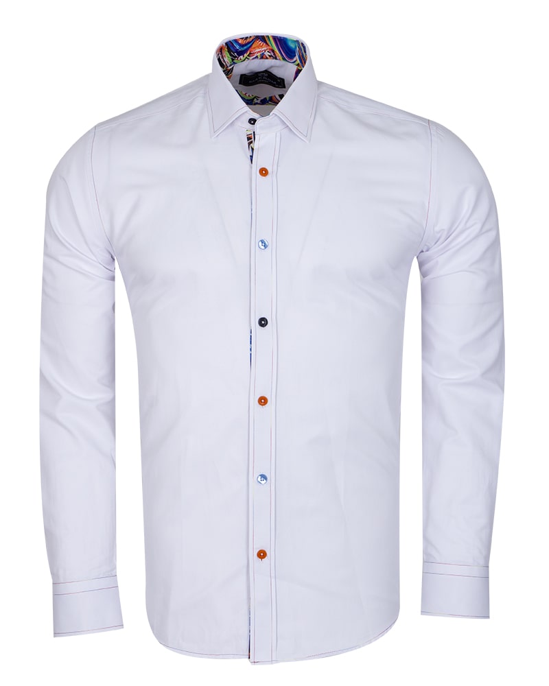 White Plain Shirt with Colourful Collar Tip Design