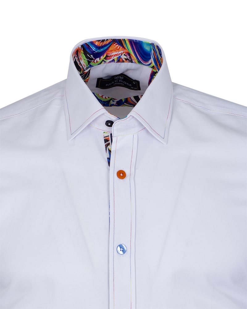 White Plain Shirt with Colourful Collar Tip Design