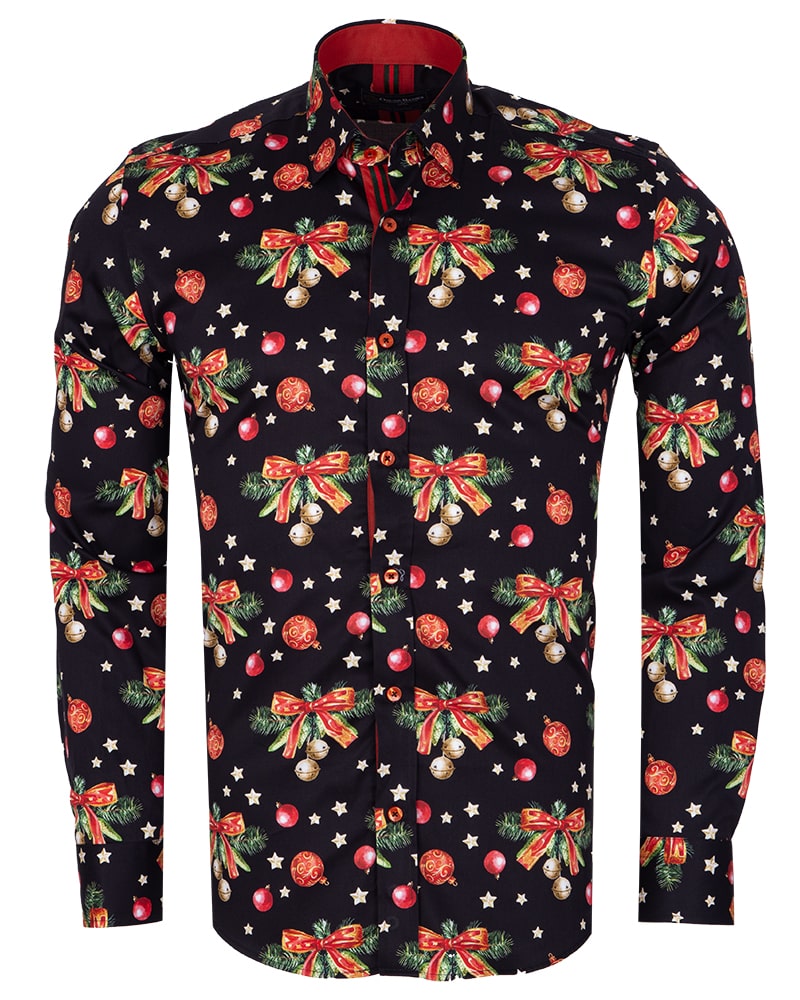 Black Christmas Print Men's Shirt with Matching Handkerchief