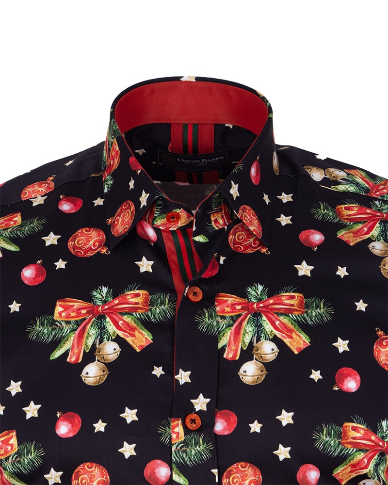 Black Christmas Print Men's Shirt with Matching Handkerchief