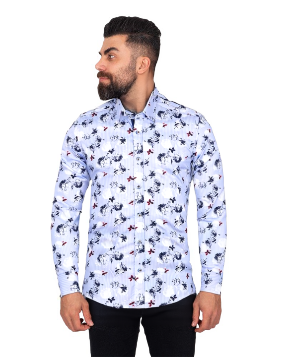 Blue Stripe Floral Print Men's Shirt with Matching Handkerchief