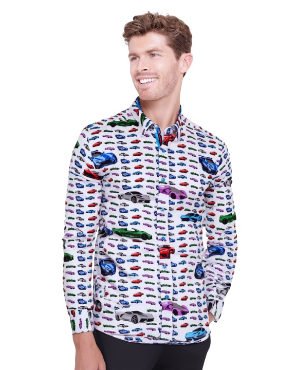 White Car Print Men's Shirt with Matching Handkerchief