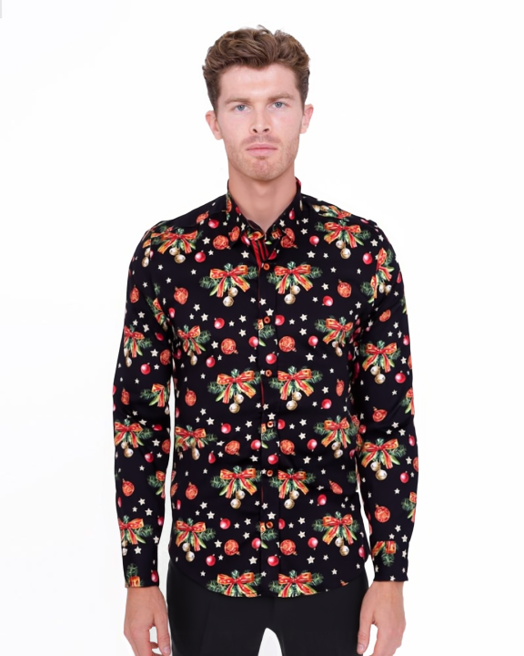 Black Christmas Print Men's Shirt with Matching Handkerchief