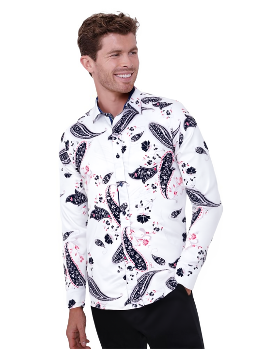 White Paisley Print Long Sleeve Shirt