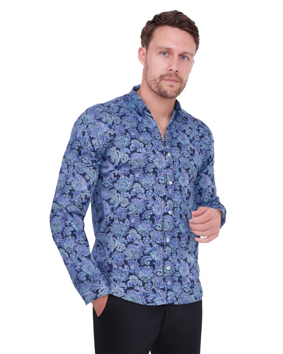 Blue Paisley Print Shirt with Matching Handkerchief