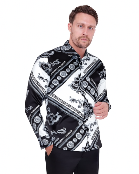 Black Baroque Ornament Satin Men`s Shirt