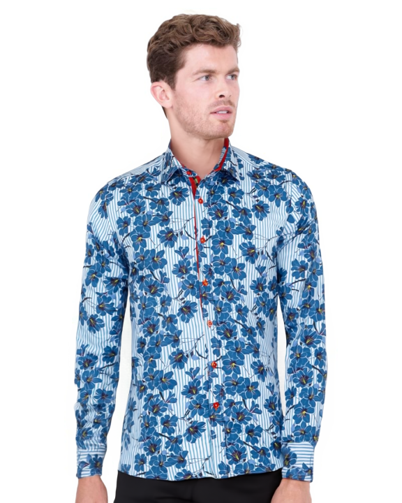 Blue Stripe Daisy Floral Print Shirt