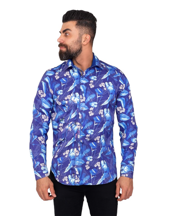 Blue Floral Leaf Print Shirt