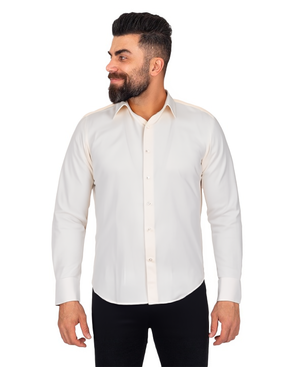 Cream Casual Twill Double Cuff Long Sleeve Shirt