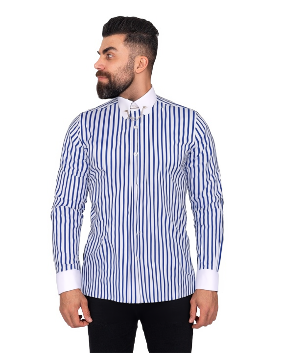 Blue Striped Men's Shirt Club Collar Pin Chain