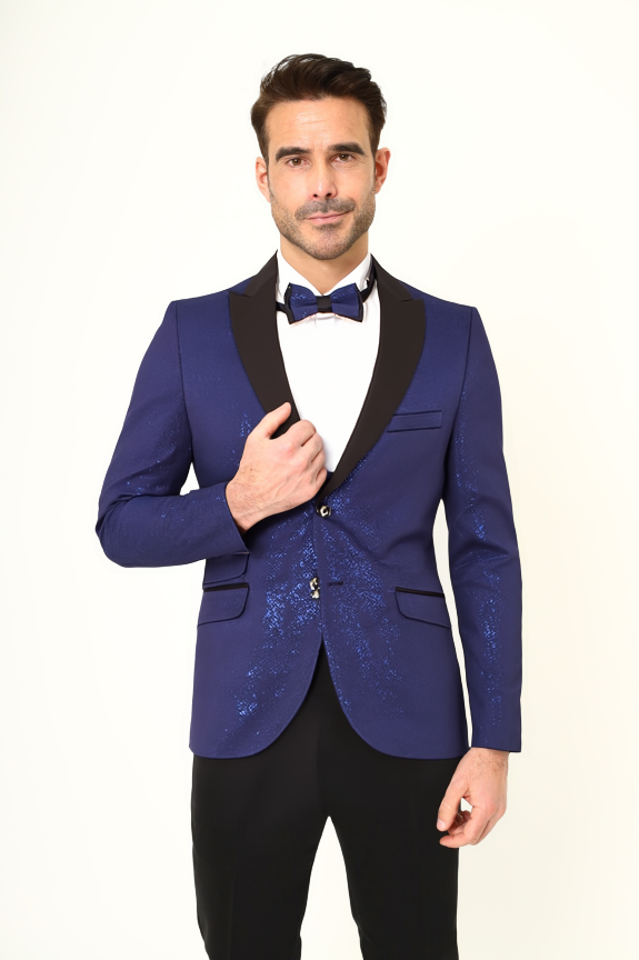 Dark Blue Men's 4 Piece Glitter Suit Contrasting Lapel