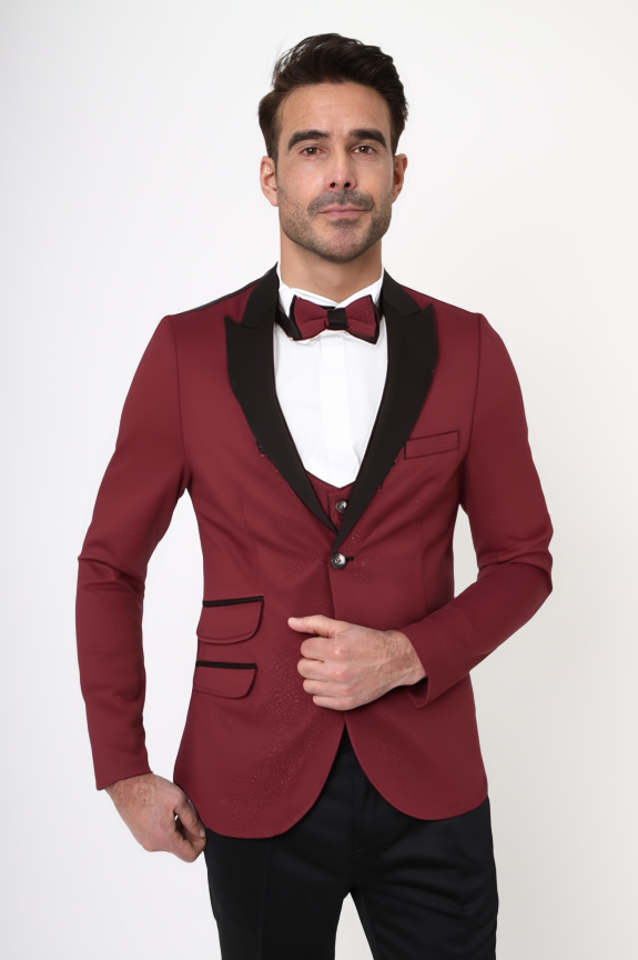 Burgundy Men's 4 Piece Glitter Suit Contrasting Lapel