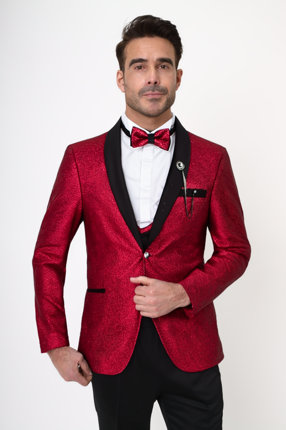 Red Men's Three Piece Glitter Wedding Suit Contrasting Lapel