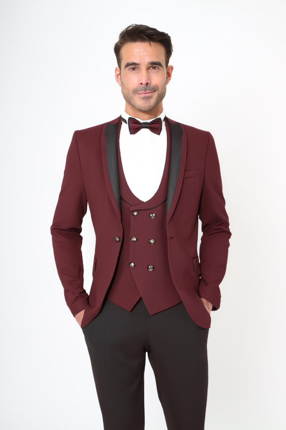 Burgundy & Black 4 Piece Tuxedo Wedding Suit