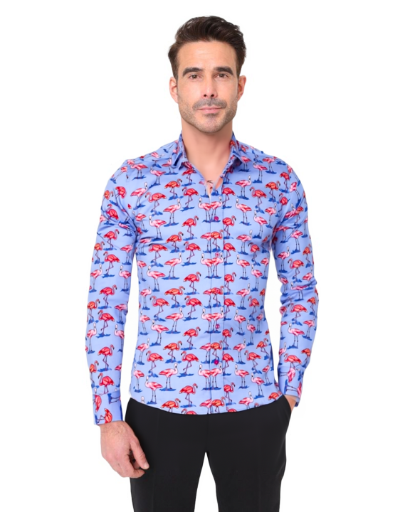 Blue Flamingo Print Men's Shirt with Matching Handkerchief