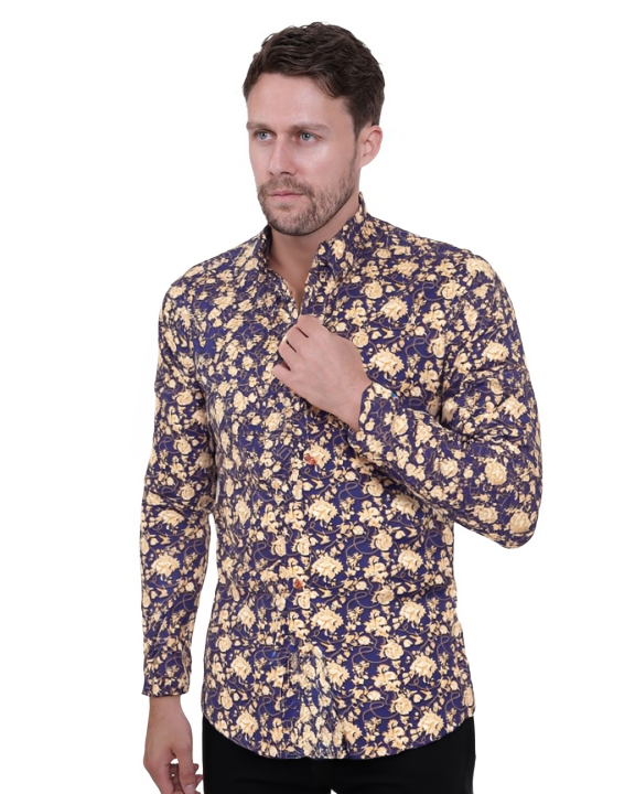 Gold Rose Print Shirt with Matching Handkerchief