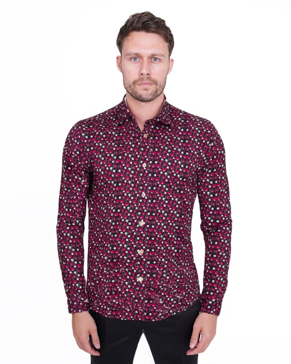 Red Floral Print Men's Shirt with Matching Handkerchief