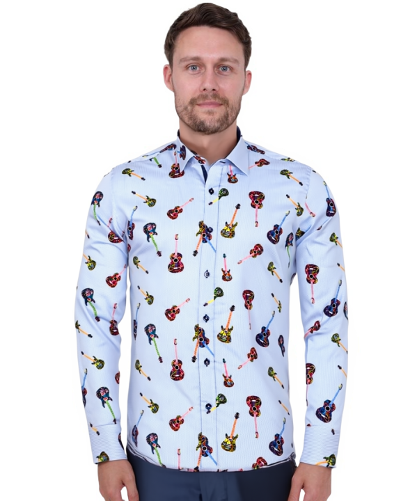 Light Blue Guitar Print Shirt with Matching Handkerchief