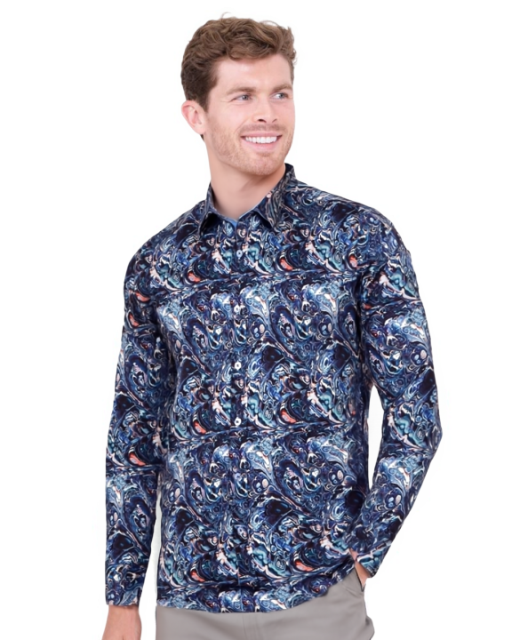 Blue Paisley Crust Print Shirt with Matching Handkerchief